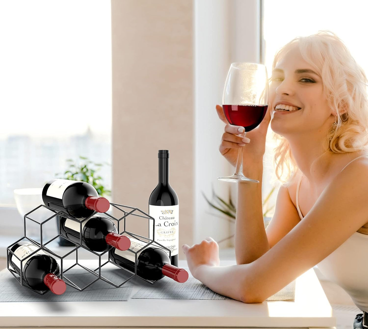 Small Freestanding Wine Rack for Countertop - Honeycomb Metal Wine Rack Stand for 9 Bottles, Black, Wine Rack for Tabletop