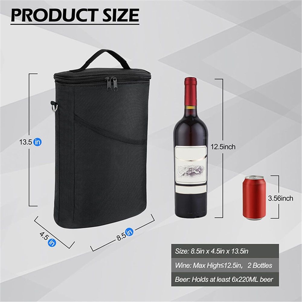 2 Bottle Wine Carrier Tote, Insulated Leakproof Wine Cooler Bag, Wine Travel Bag Tote for Picnic  Beach, Portable Wine Bottle Carrying Case, Gift for Wine Lover Women Men Christmas, Black
