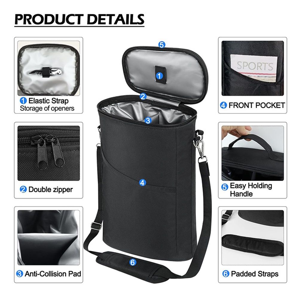 2 Bottle Wine Carrier Tote, Insulated Leakproof Wine Cooler Bag, Wine Travel Bag Tote for Picnic  Beach, Portable Wine Bottle Carrying Case, Gift for Wine Lover Women Men Christmas, Black