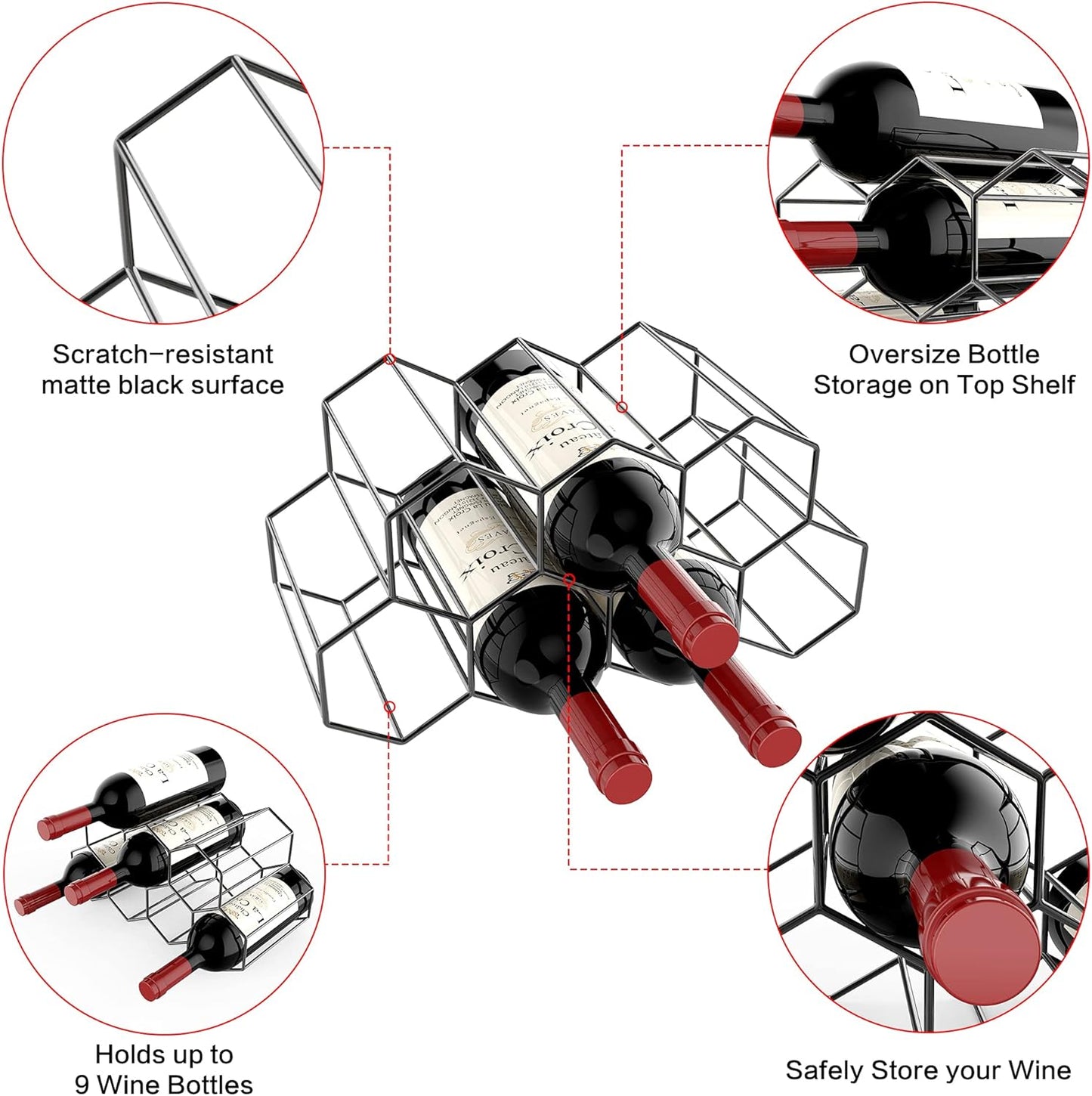 Small Freestanding Wine Rack for Countertop - Honeycomb Metal Wine Rack Stand for 9 Bottles, Black, Wine Rack for Tabletop