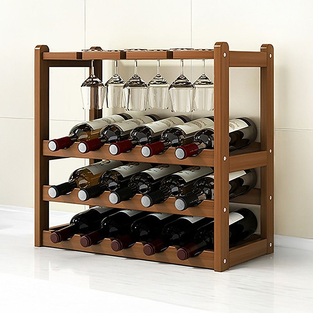 Bamboo Wine Rack Free Standing 15 Bottles with 6 Glasses Holder Storage in Dark Brown