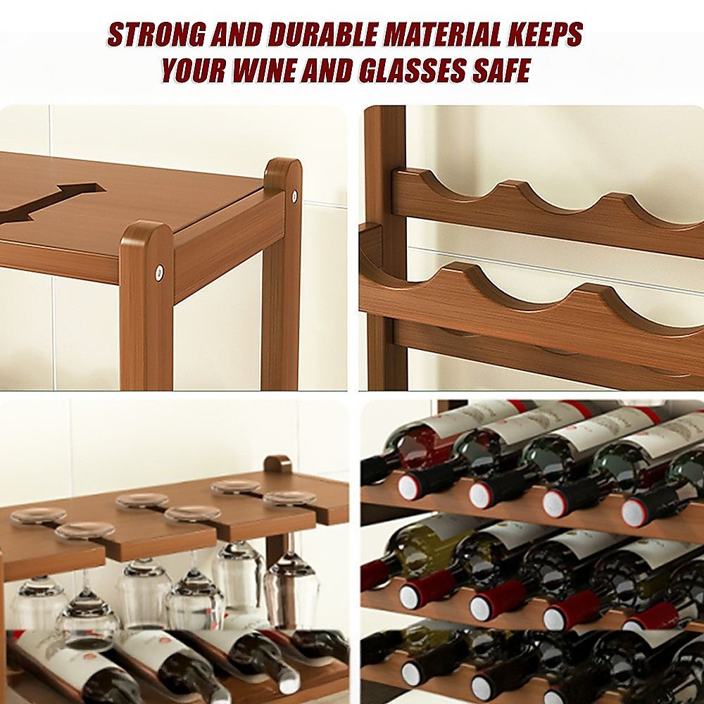 Bamboo Wine Rack Free Standing 15 Bottles with 6 Glasses Holder Storage in Dark Brown