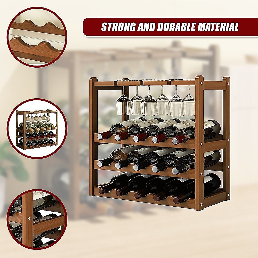 Bamboo Wine Rack Free Standing 15 Bottles with 6 Glasses Holder Storage in Dark Brown