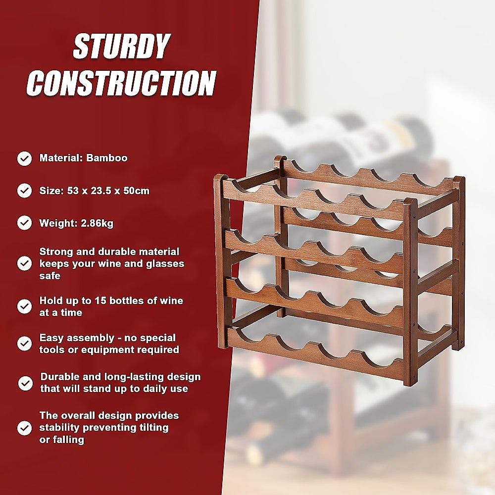 Bamboo Wine Rack Free Standing 15 Bottles with 6 Glasses Holder Storage in Brown