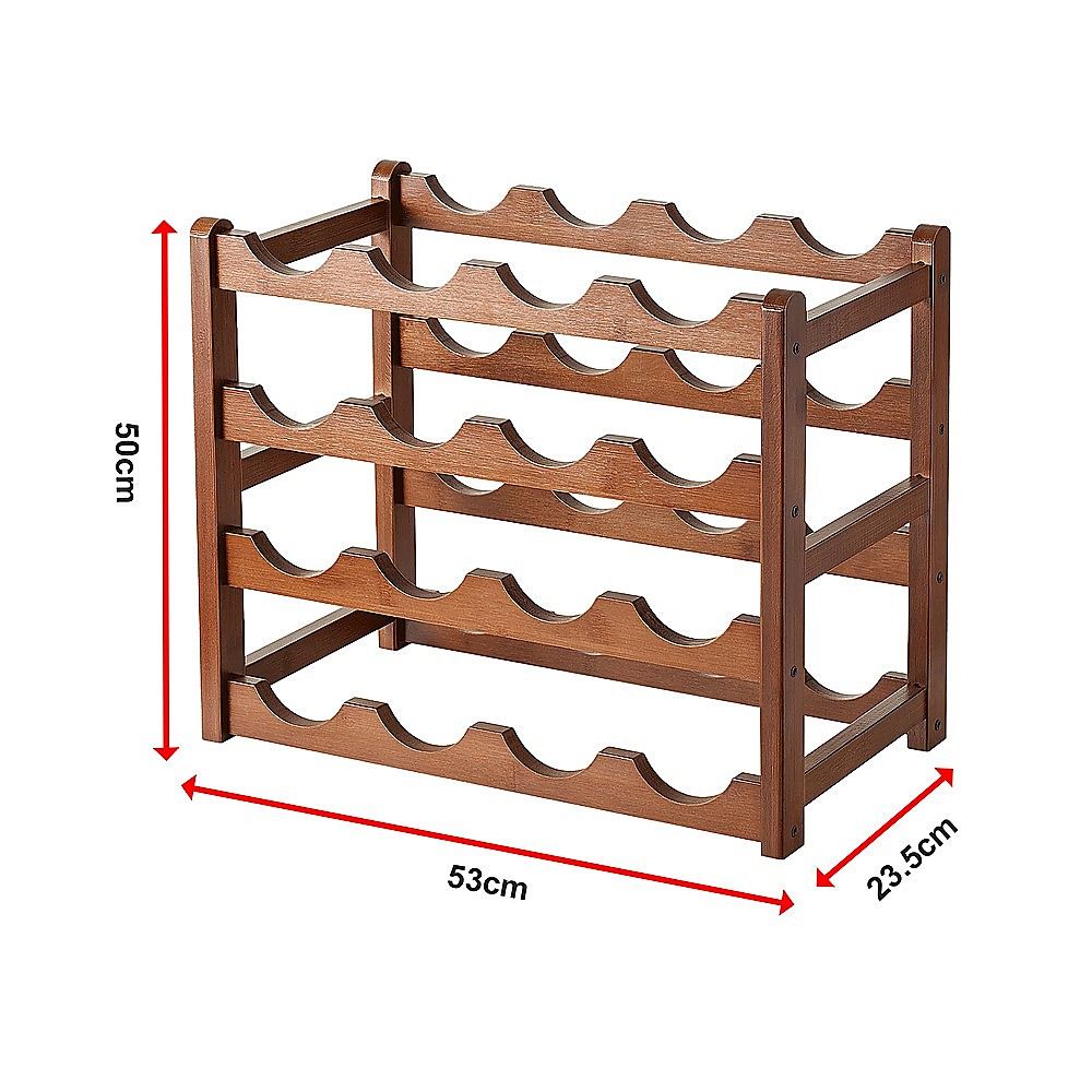 Bamboo Wine Rack Free Standing 15 Bottles with 6 Glasses Holder Storage in Brown