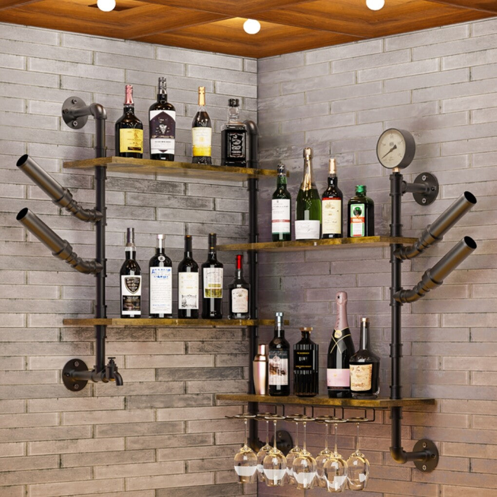 Industrial Pipe Bar Wall Liquor Shelf Floating Shelves with Wine Glass Holder