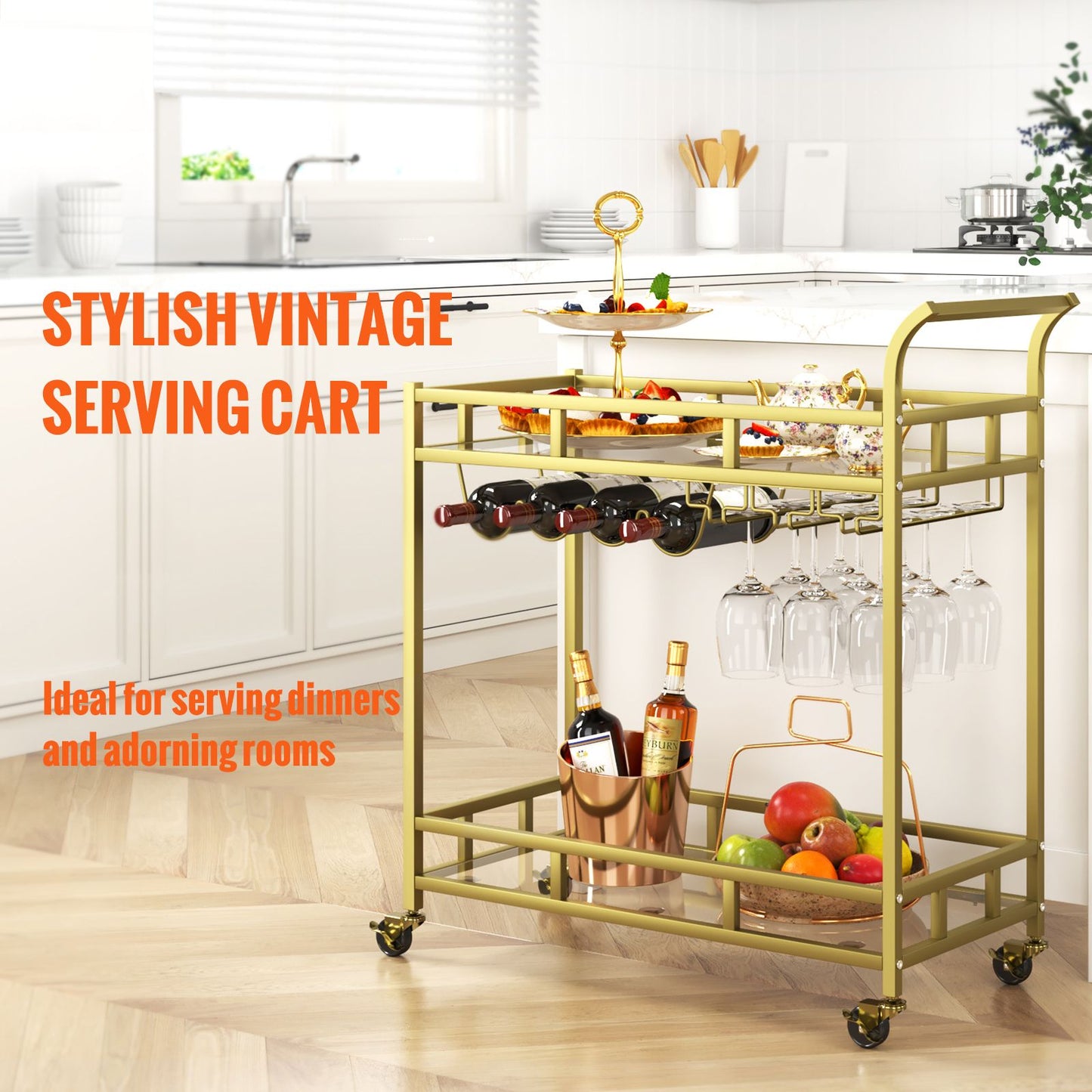 2 Tiers Gold Metal Bar Serving Cart with Wine Rack Glass Holder 120 LBS