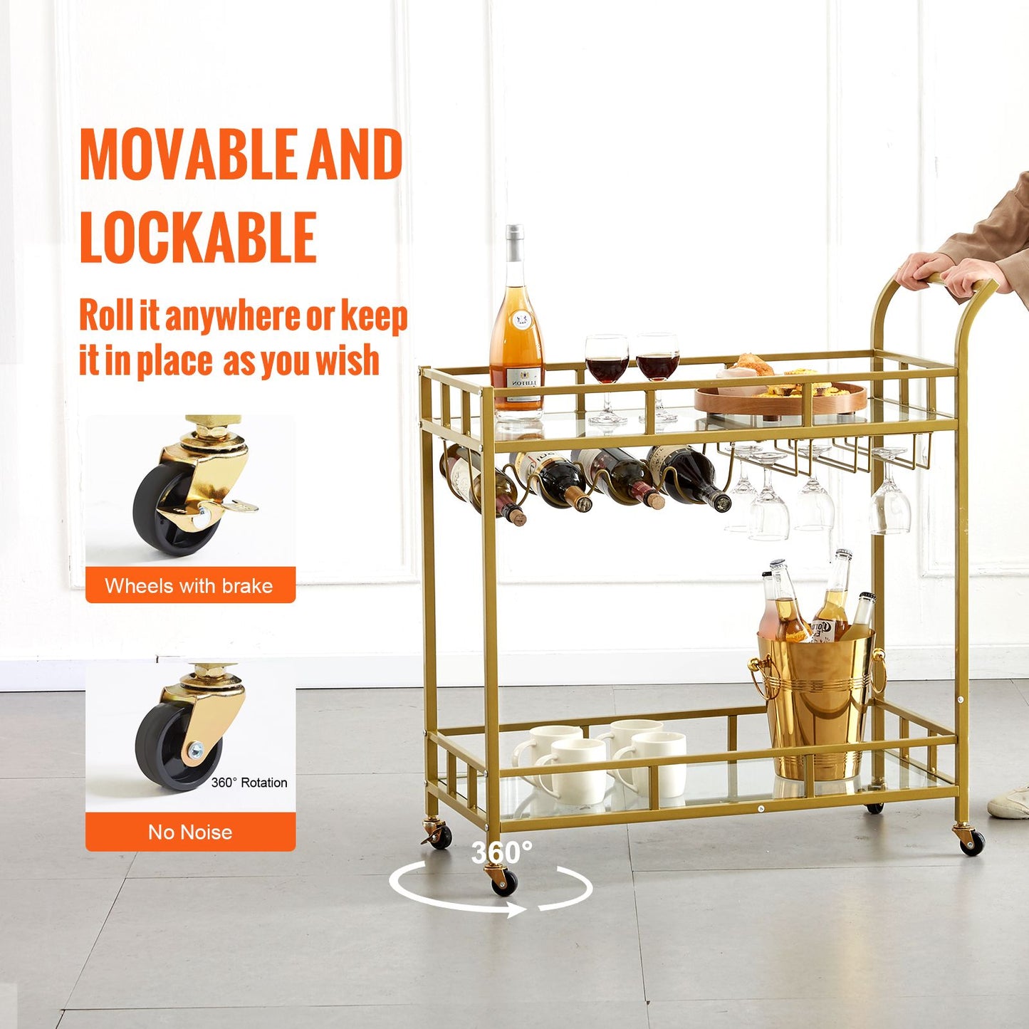 2 Tiers Gold Metal Bar Serving Cart with Wine Rack Glass Holder 120 LBS