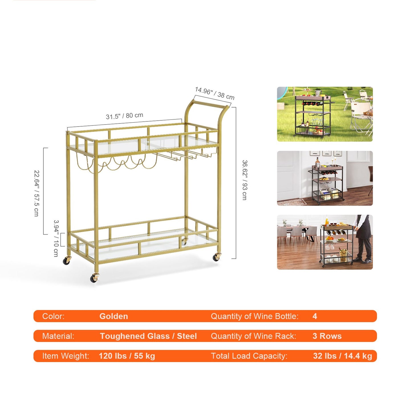 2 Tiers Gold Metal Bar Serving Cart with Wine Rack Glass Holder 120 LBS