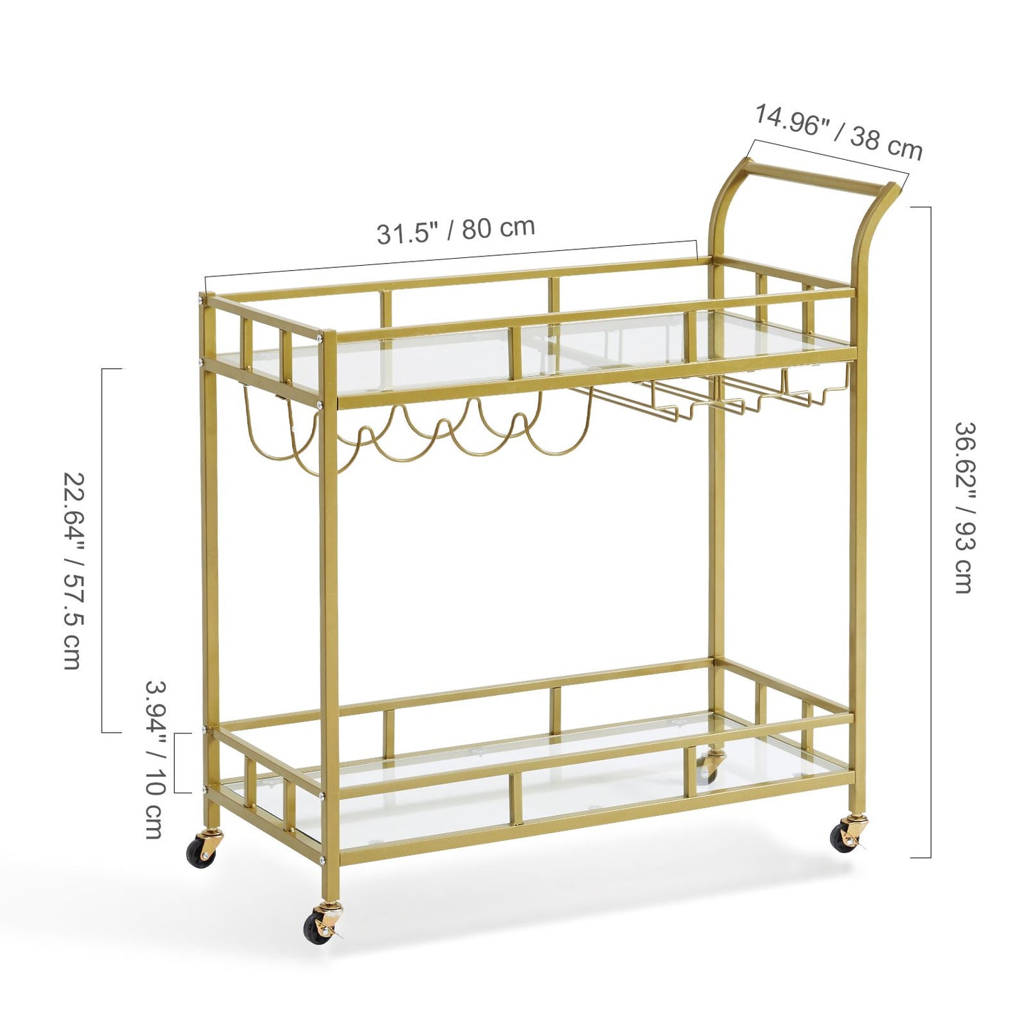 2 Tiers Gold Metal Bar Serving Cart with Wine Rack Glass Holder 120 LBS