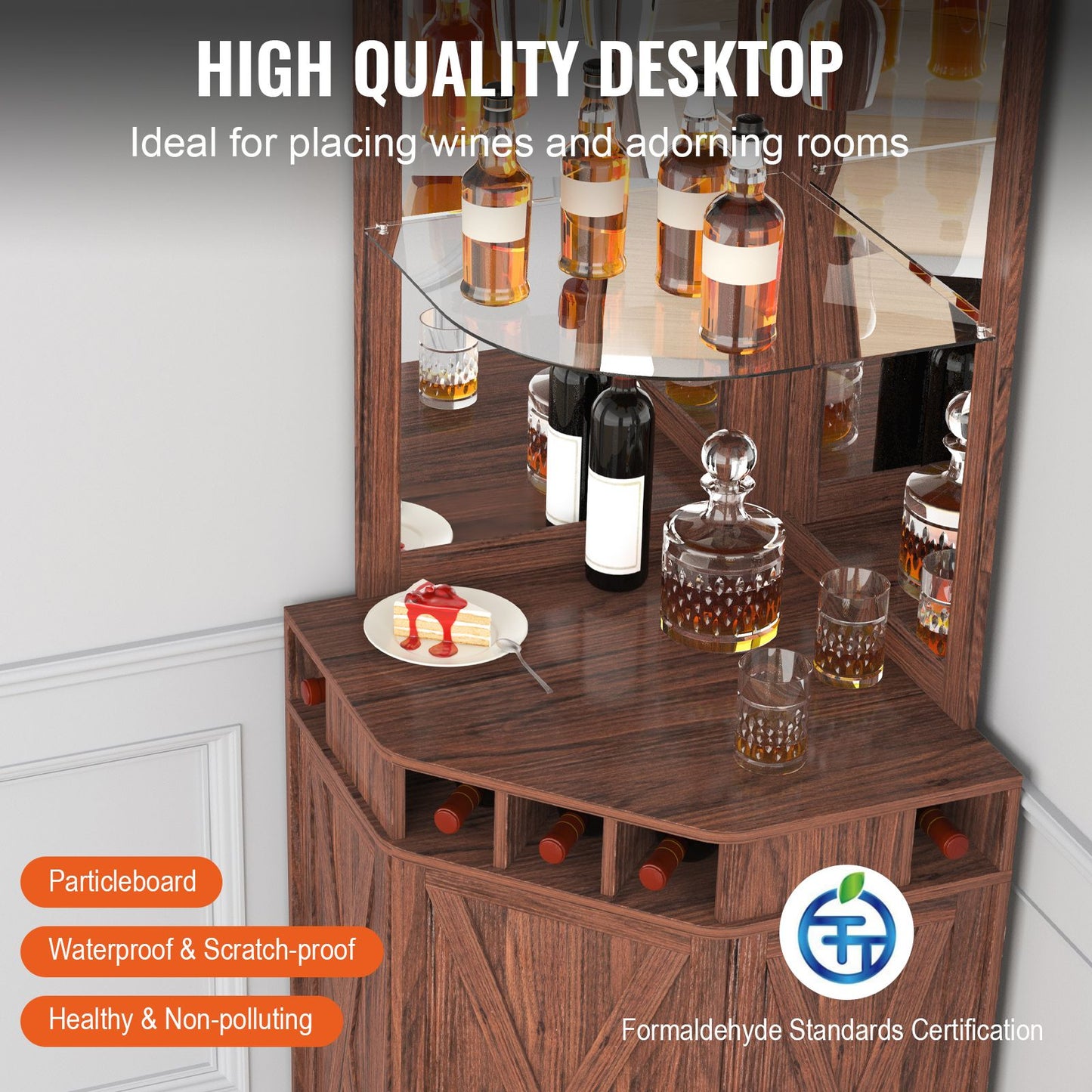 Corner Industrial Bar Cabinet, Wine Table for Liquor & Glasses, Sideboard Buffet Cabinet with Glass Holder, Freestanding Farmhouse Wood Coffee Bar Cabinet for Living Room, Home Bar, Black Walnut