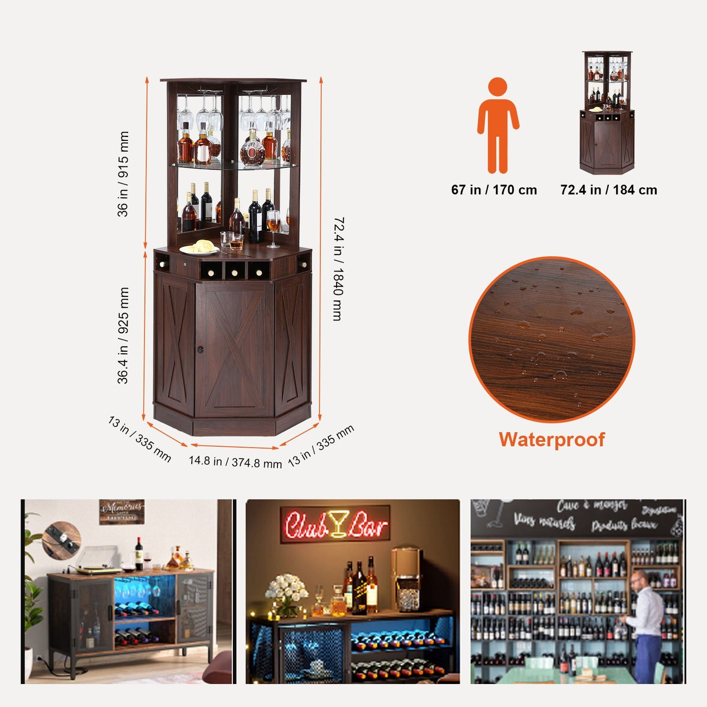 Corner Industrial Bar Cabinet, Wine Table for Liquor & Glasses, Sideboard Buffet Cabinet with Glass Holder, Freestanding Farmhouse Wood Coffee Bar Cabinet for Living Room, Home Bar, Black Walnut
