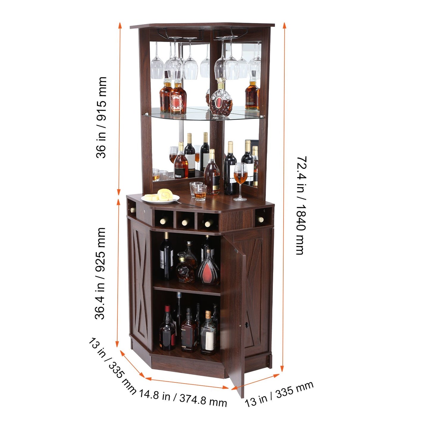 Corner Industrial Bar Cabinet, Wine Table for Liquor & Glasses, Sideboard Buffet Cabinet with Glass Holder, Freestanding Farmhouse Wood Coffee Bar Cabinet for Living Room, Home Bar, Black Walnut