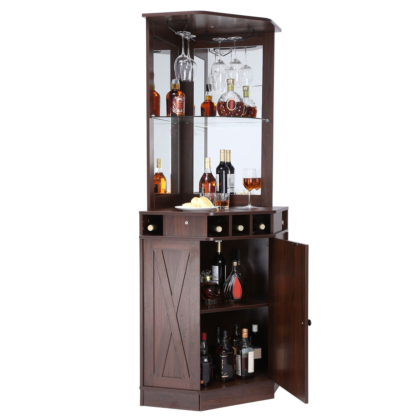 Corner Industrial Bar Cabinet, Wine Table for Liquor & Glasses, Sideboard Buffet Cabinet with Glass Holder, Freestanding Farmhouse Wood Coffee Bar Cabinet for Living Room, Home Bar, Black Walnut