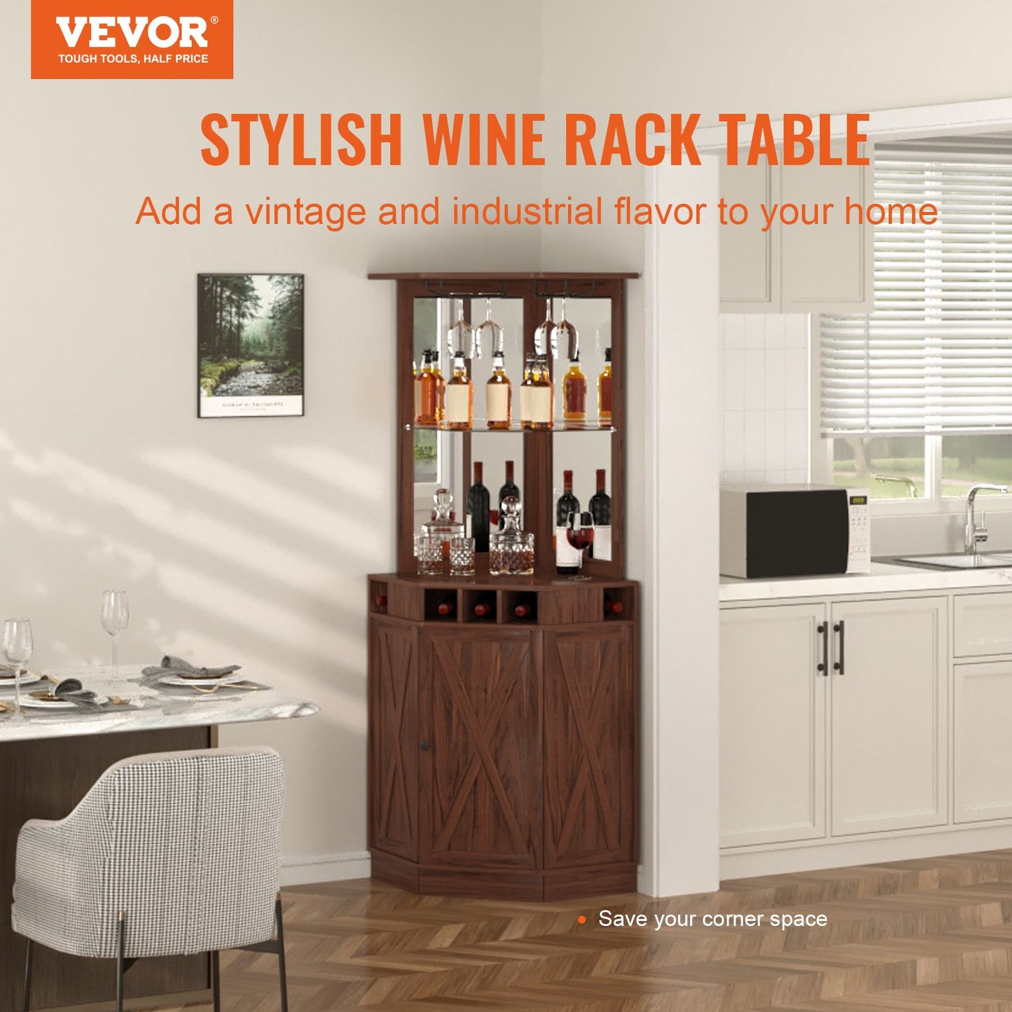 Corner Industrial Bar Cabinet, Wine Table for Liquor & Glasses, Sideboard Buffet Cabinet with Glass Holder, Freestanding Farmhouse Wood Coffee Bar Cabinet for Living Room, Home Bar, Black Walnut