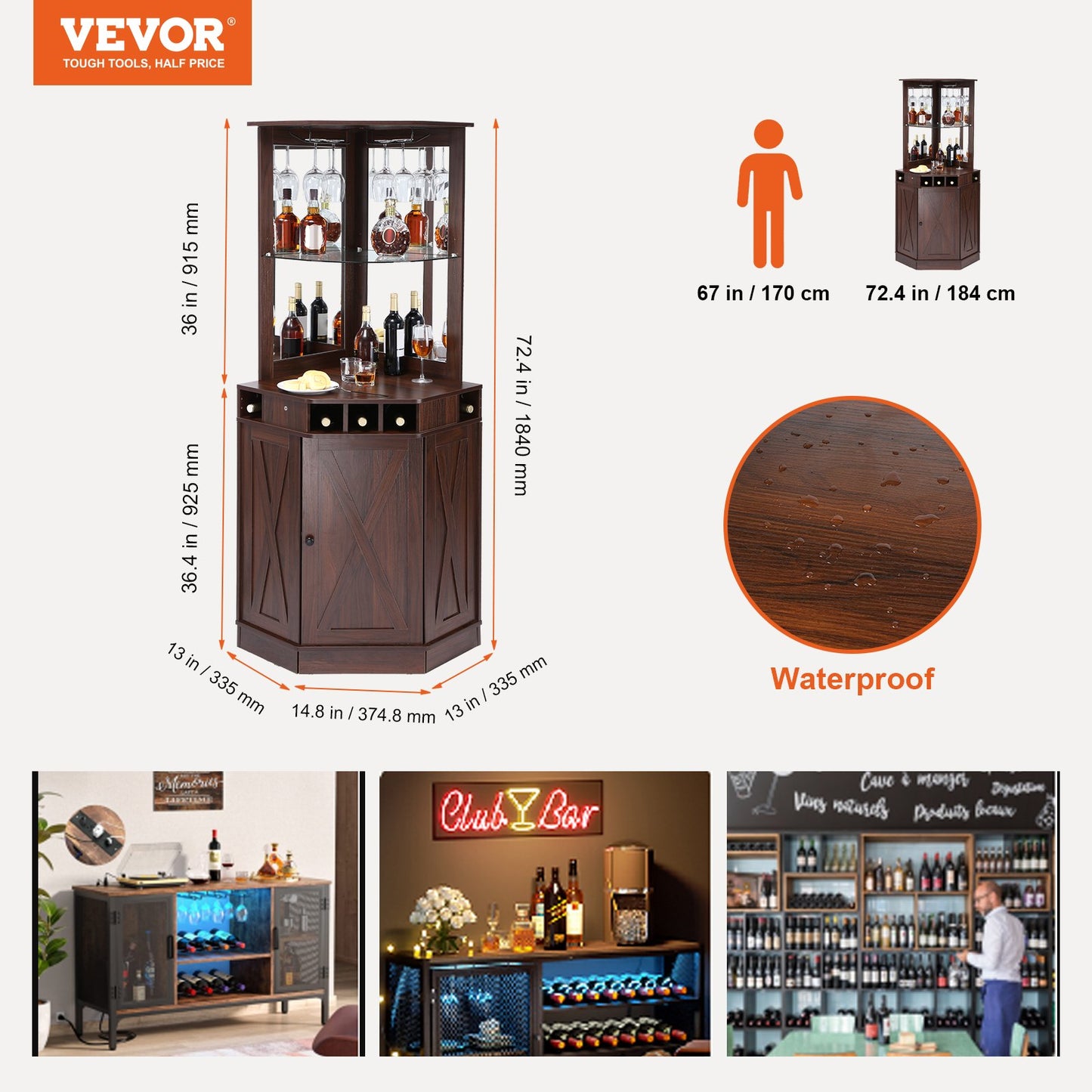 Corner Industrial Bar Cabinet, Wine Table for Liquor & Glasses, Sideboard Buffet Cabinet with Glass Holder, Freestanding Farmhouse Wood Coffee Bar Cabinet for Living Room, Home Bar, Black Walnut